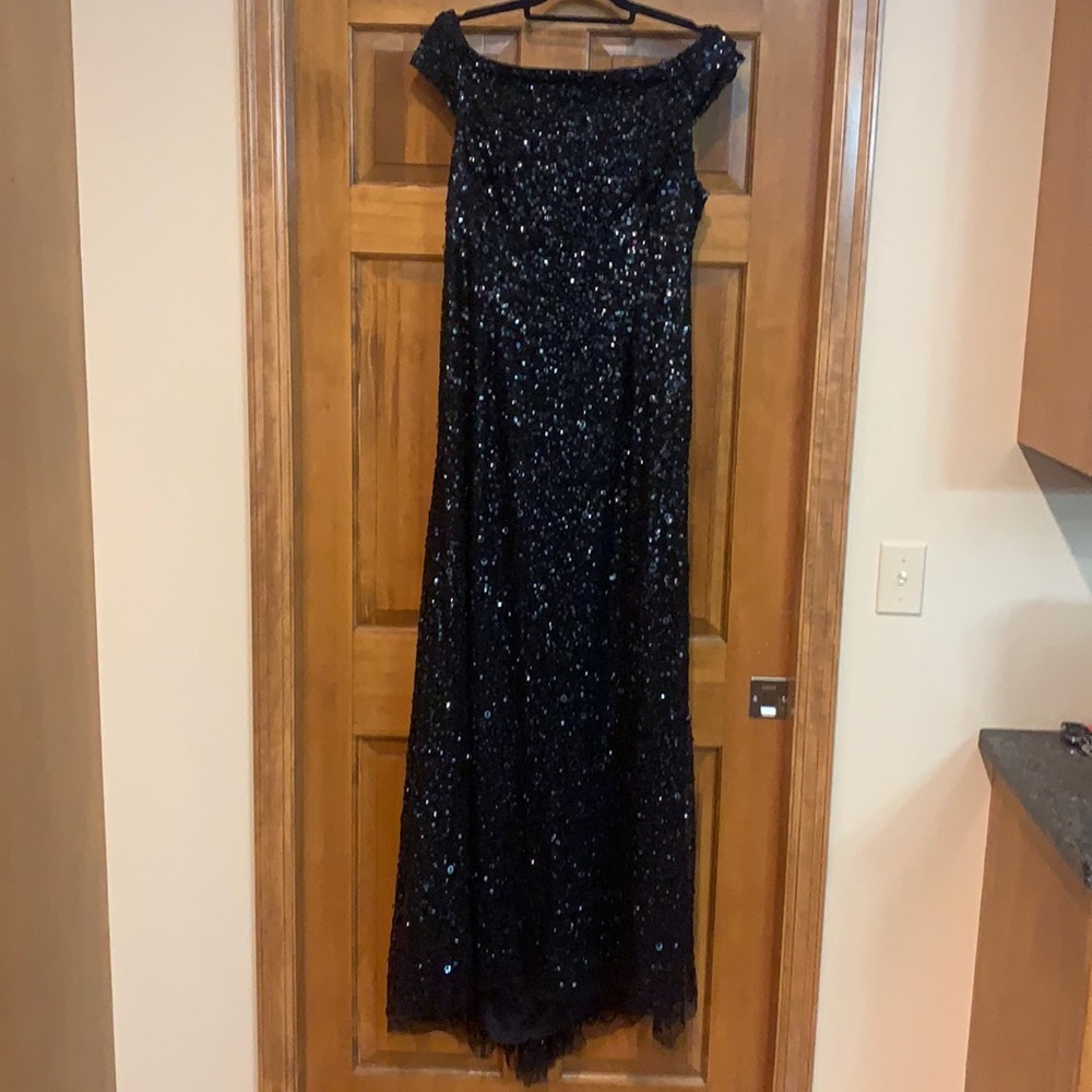 Adrianna Papell Off the shoulder sequin beaded gown